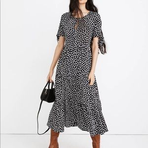 Tie-Sleeve Tiered Midi Dress in Woodcut Flowers